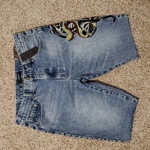 🐉ED HARDY🐉 Men’s Denim Jean Shorts 12" Snake Embroidered Slim Fit Blue